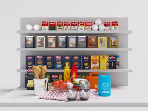 摆放在墙面置物架上的食品