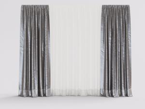 现代灰色光面带窗纱的双扇窗帘