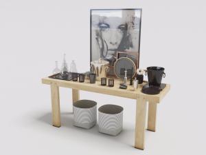 现代原木长方形装饰柜、饰品摆件和收纳篮