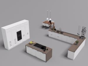 带有厨房中岛、整体橱柜和高柜