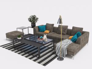 现代咖啡色多人转角沙发、方形脚蹬、长方形铁艺茶几