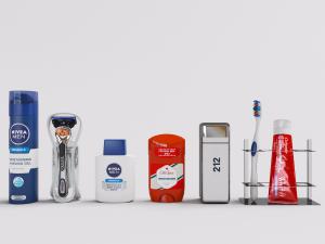 卫浴间剃须刀、牙刷的化妆品摆件