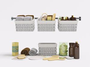 卫生间墙挂收纳篮里的卫浴用品