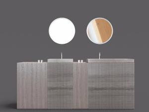 新中式卫浴间双盆实木洗手台、圆镜