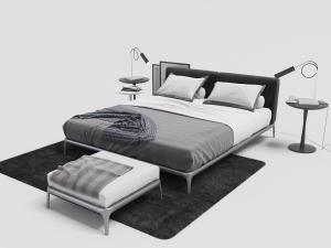 现代金属四脚支架的双人床、方形床尾凳