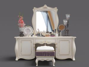 欧式梳妆台、花朵灯罩台灯和化妆品