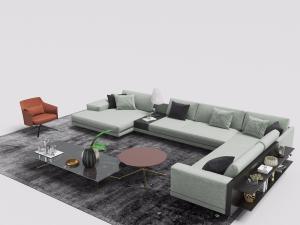 现代带有美人榻、茶几的多人转角沙发、休闲椅和茶几