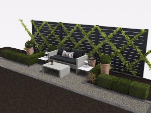 平行四边形植物墙、方块形灌木丛和户外沙发