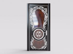 欧式黑色拼接棕色实木和雕花的平开门