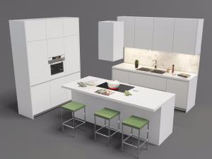 现代整体橱柜、嵌烤箱的高柜和带吧台的厨房中岛