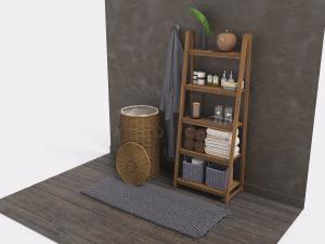 卫生间梯形卫浴用品收纳架、编制收纳筐和浴袍