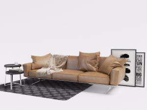 北欧真皮金属支架多人沙发、边几和装饰画