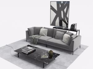 现代黑色金属脚灰色多人沙发、大理石长方形茶几
