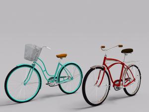 带有车筐的蓝色自行车和红色横梁自行车