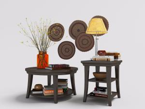 美式深实木圆形茶几、方形边几、台灯3d模型 美式深实木圆形茶几、方形边几、台灯