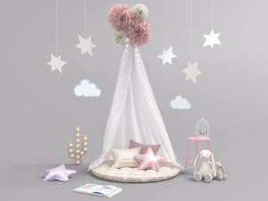 装饰彩灯的床幔圆形床垫婴儿床