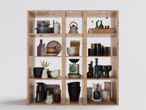 摆满碗碟和厨房用品的实木收纳架