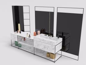 现代黑色金属边框的大理石洗手柜和黑色镜面卫浴组合