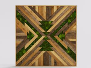 现代细边框方形拼接实木几何纹理和植物的植物墙