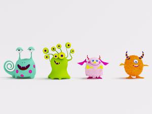 四个卡通造型的怪物儿童布偶玩具