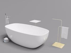 现代白色陶瓷圆弧形浴盆和毛巾架