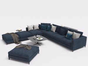 现代灰蓝色布艺转角多人沙发、方形坐墩和茶几