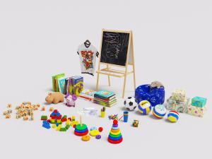 地面上的儿童积木、球类、绘本等玩具