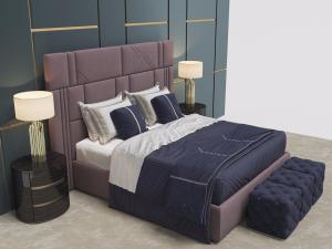 现代轻奢方形软包床头双人床、椭圆形床头柜和台灯模