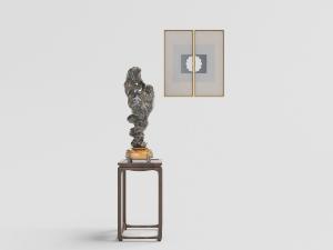 中式石头盆景花架和装饰画