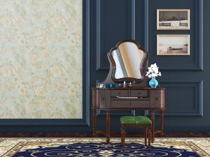 美式深实木色带凳子的梳妆台