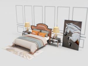 简欧橙色带弧度的皮革床头双人床、床头柜