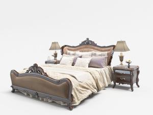 欧式雕花实木边框床头双人床、床头柜