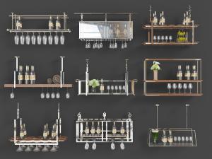 欧式墙面固定的不锈钢双层酒架和高脚杯