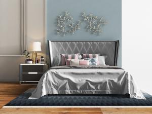 新中式带有菱形软包床头的双人床、床头柜