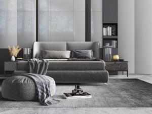 现代弧形床头的灰色双人床、圆形坐墩