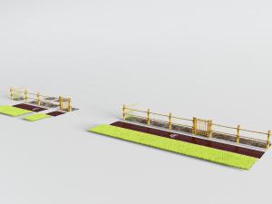 带有栏杆的花坛、草坪和自行车道