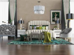 简欧白色条纹状凹凸软包床头双人床、床头柜