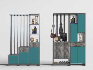 新中式带实木栅格的蓝色玄关柜3d模型 新中式带实木栅格的蓝色玄关柜
