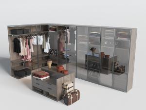 独立更衣室里的玻璃柜门更衣柜、箱包