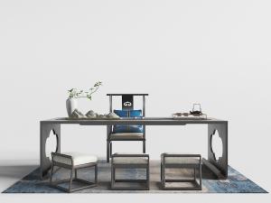 中式长方形实木茶桌椅组合