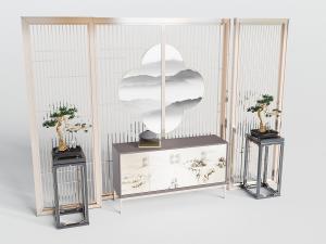 中式装饰山水画柜门的端景台、花架盆景3d模型 中式装饰山水画柜门的端景台、花架盆景