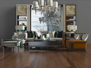 新中式实木框架的多人沙发、单人沙发和美人榻沙发组合