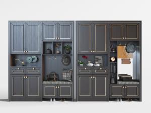 新中式玄关黑色实木镶嵌金属条的玄关柜3d模型 新中式玄关黑色实木镶嵌金属条的玄关柜