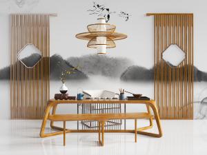 中式实木长凳茶桌、茶具