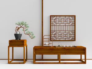 中式实木茶几、边几和盆景3d模型 中式实木茶几、边几和盆景