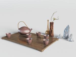 中式鸡翅木纹理的茶盘、茶具