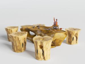 中式实木根雕茶桌、树根坐凳
