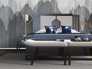 中式实木床头双人床、床头柜和床尾凳