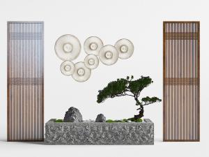 中式玄关、庭院石坛花盆盆景