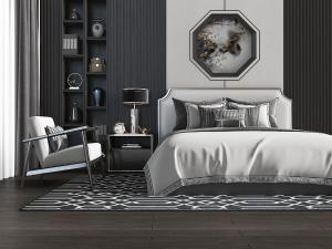 新中式缺角床头的双人床、休闲椅